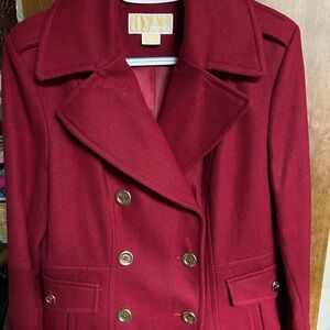 MICHAEL Michael Kors Burgundy Double-Breasted Peacoat with Gold Buttons